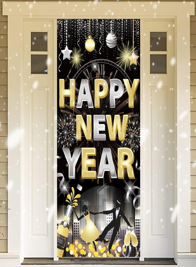 هواف غطاء باب HOWAF "عام جديد سعيد"، لافتة زينة رأس السنة 2026 باللونين الأسود والذهبي، لافتة باب ليلة رأس السنة لمستلزمات حفلات رأس السنة، خلفية "عام جديد سعيد 2026" - Image 1